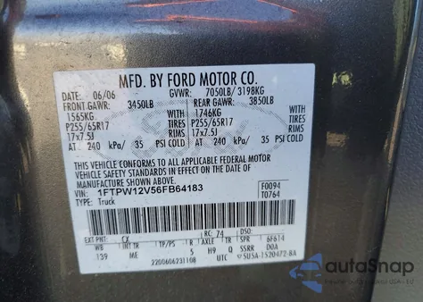 2006 Ford F150 Supercrew z USA, uszkodzony, nr VIN 1FTPW12V56FB64183